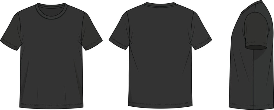 Dark gray crew neck t shirt technical illustration front back and side views