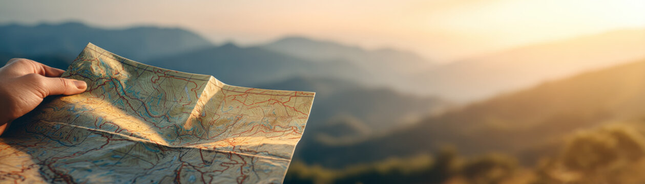Travel map adventure navigation mountain landscape hand sunrise freedom journey outdoors exploration route tourist valley horizon nature planning direction sunrise light summer vacation wanderlust