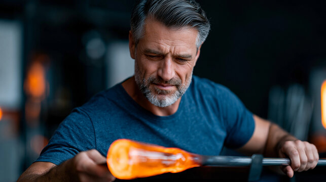 A realistic commercial stock image of a glassblower using metal jacks to shape a glowing molten glass vase on a blowpipe, close view of the transparent hot orange glass stretching