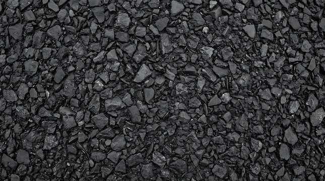 Detailed Top View of Dark Black Asphalt Crushed Stones and Charcoal Texture for Industrial Background Construction and Gritty Urban Surface Details