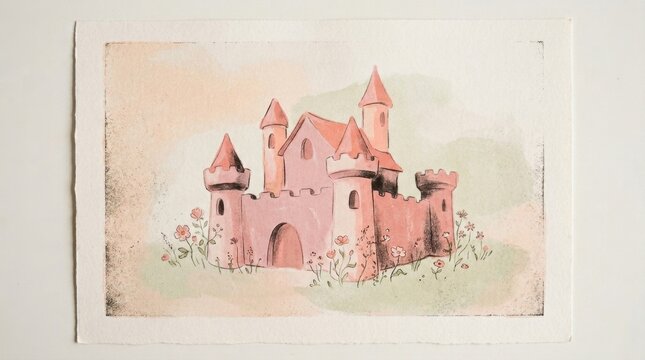 Whimsical watercolor illustration of a pink fairytale castle with towering spires on textured paper, ideal for magical children nursery art, storybook designs, and creative branding.