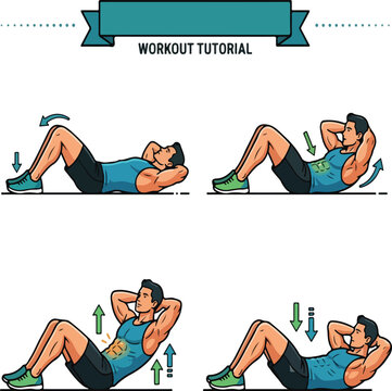 Sit-up Exercise Tutorial and Abdominal Workout Steps Illustration