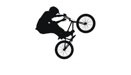 Obraz premium Cyclist executes a difficult midair maneuver on a mountain bike against a plain white backdrop.