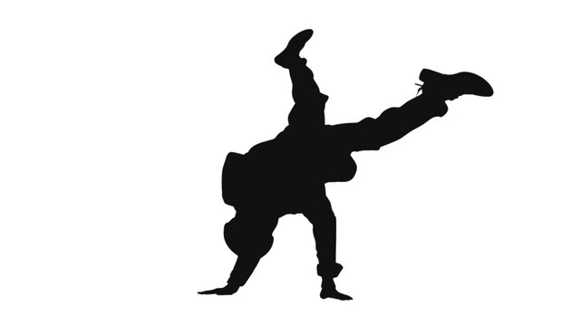 Breakdancer executes a dynamic floor move while maintaining balance in this stark black silhouette.