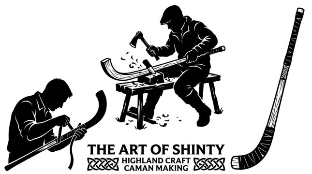 The art of shinty highland craft caman making infographic sequence showing man wrapping handle grip worker carving curved ash wood stick with felling axe on sawhorse bench and completed 