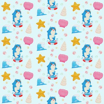 Cute kawaii shark cat summer seamless pattern with starfish and seashell
