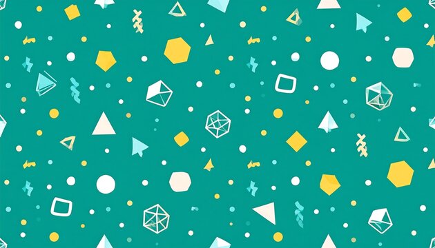 A vibrant, repeating pattern with diverse geometric shapes in yellow, white, and teal, on a teal background