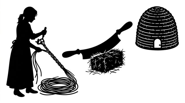 Traditional skep beekeeping manufacturing process showing woman twisting long straw ropes with a tool next to large two handed chaff cutter knife slicing straw bale and completed 