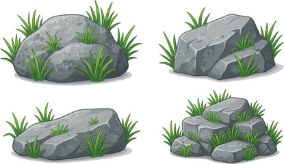 Set of gray rocks with green grass vector illustration for outdoor scenery. © Mst Insanara Begum