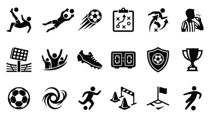 Soccer football training athlete gameplay equipment glyph icon set for sport club tournament championship match play vector illustration © Md Robin Hasan