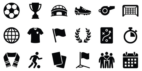 Soccer icon set with ball trophy stadium cleat whistle goal net jersey vector illustration © Md Robin Hasan