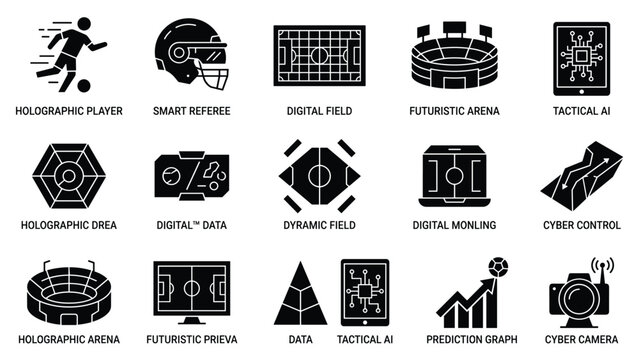 Futuristic cyber soccer sports tech icon set for digital arena game referee data player tracking vector illustration