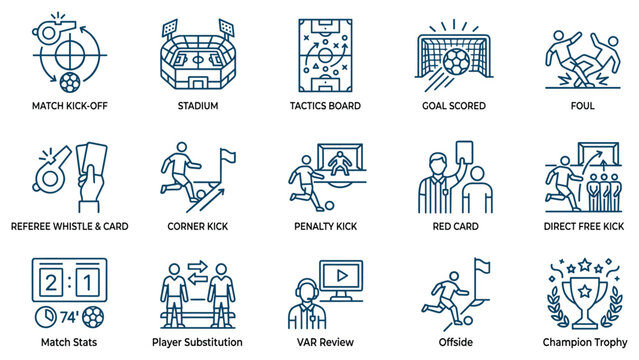 Soccer icons set showing kickoff stadium tactics goal foul referee substitution vector illustration
