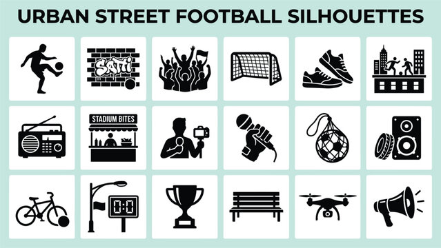 Urban street football silhouettes grid with players equipment media and city elements vector illustration