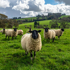 Fototapeta premium A group of Suffolk sheep with black faces and white wool graze on a lush green pasture under a cloudy sky.