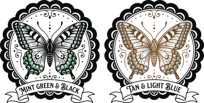 Vintage Butterfly Badge Collection with Ornamental Frame Decorative Labels in Mint Green Black Tan and Light Blue