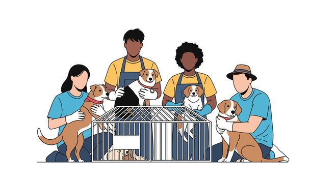 Animal rescue volunteers with dogs and carrier, diverse group caring for pets