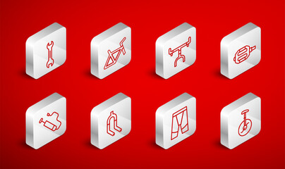 Set line Unicycle or one wheel bicycle, Bicycle frame, handlebar, pedal, Cycling shorts, Wrench spanner, fork and air pump icon. Vector © vector_v