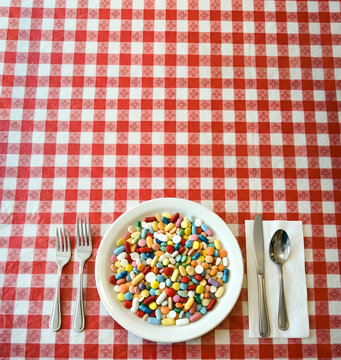 Plate full of colorful pills and capsules on checkered tablecloth with cutlery. Generative AI
