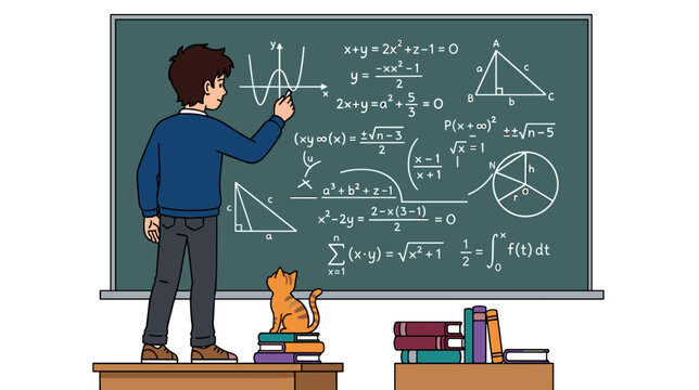 Smart caucasian boy writing complex mathematical and geometry formulas on large blackboard with a cat sitting nearby. Advanced school education and science intelligence concept