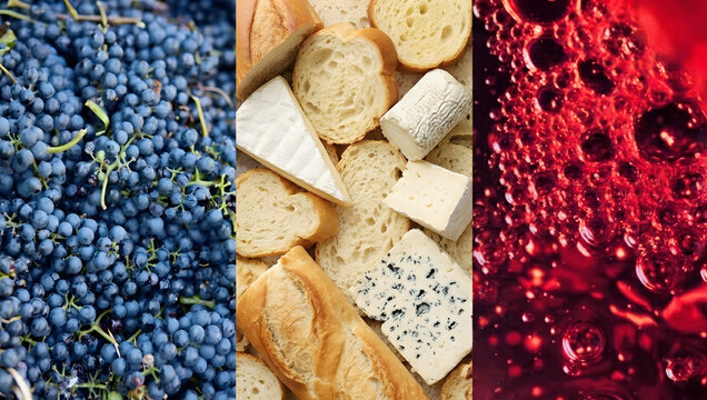 French flag conceptual triptych made of traditional food , blue grapes, cheese, bread, and red wine. generative AI. Bastille day.
