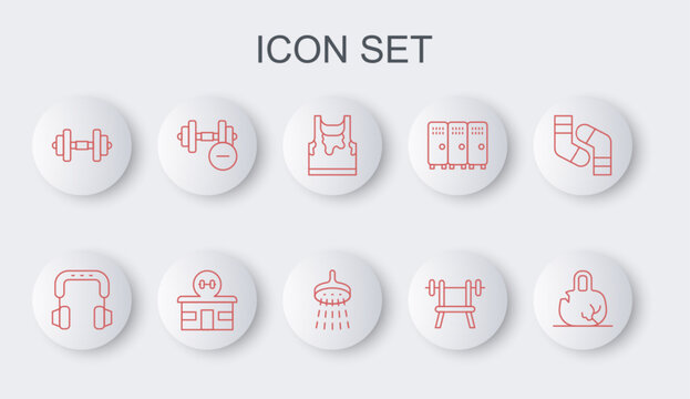 Set line Broken weight, Headphones, Sweaty sleeveless t-shirt, Bench with barbell, Dumbbell, Gym building and Shower icon. Vector
