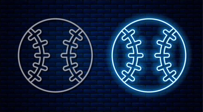 Glowing neon line Baseball ball icon isolated on brick wall background. Vector