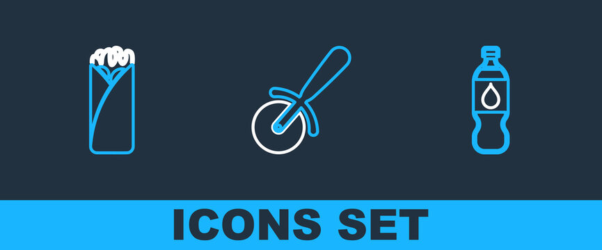 Set line Bottle of water, Burrito and Pizza knife icon. Vector