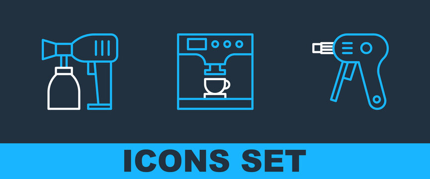 Set line Electric hot glue gun, Paint spray and Coffee machine and cup icon. Vector