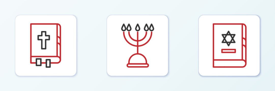 Set line Jewish torah book, Holy bible and Hanukkah menorah icon. Vector