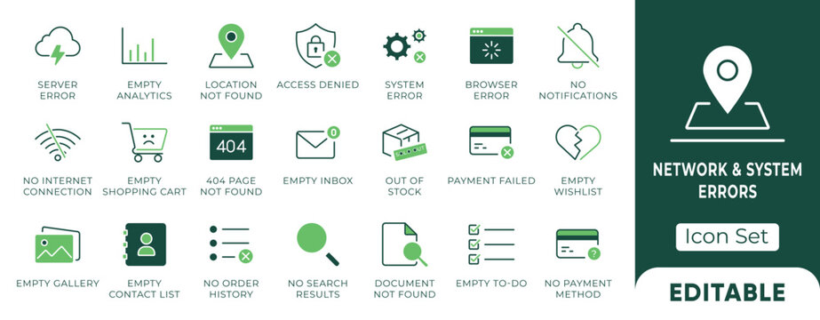 Network & System Errors Dual Tone Icon Set. Green app empty state UI featuring 404, no internet, empty cart, and server disconnected editable vectors.