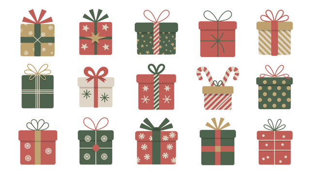 gift boxes flat icon box present holiday christmas new year design illustration vector graphic pattern bow ribbon wrapping paper celebration seasonal