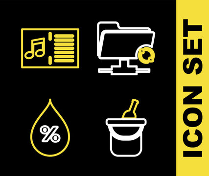 Set line FTP sync refresh, Bottle of wine in bucket, Water drop percentage and Music book with note icon. Vector