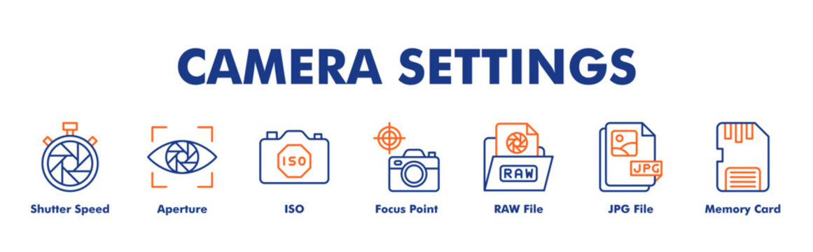 CAMERA SETTINGS web banner icon vector illustration concept for business with icon of Shutter Speed, Aperture, ISO, Focus Point, RAW File, JPG File, Memory Card 
