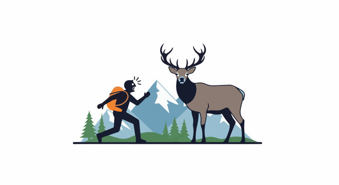 Hiker startled by large deer in mountain landscape
