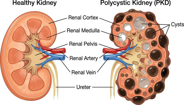 Polycystic Kidney Disease Medical Comparison Diagram Showing Healthy and Affected Kidney Anatomy with Labeled Structures