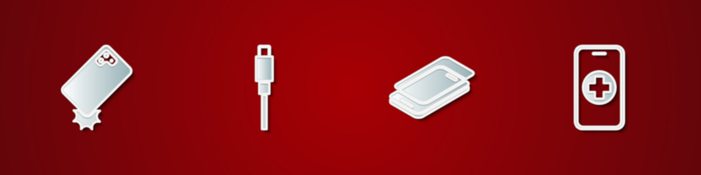 Set Shockproof phone, USB cable cord, Glass screen protector and Phone repair service icon. Vector