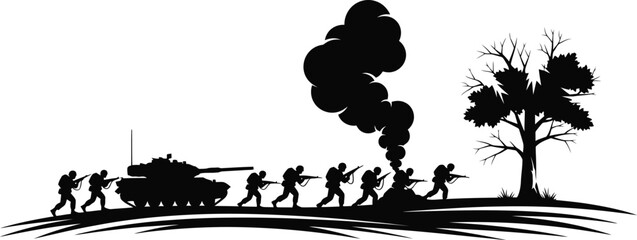 Fototapeta premium Military soldiers walking with tank and smoke in field