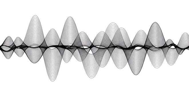 Abstract sound wave pattern visualized as a black and white audio signal with waveform frequency vibration abstract technology electronic recording analysis communication amplitude spectrum