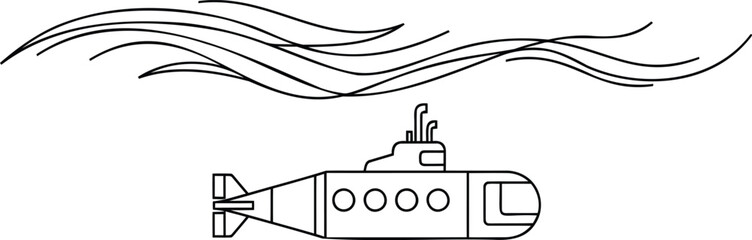 Obraz premium Submarine sailing under ocean waves line art illustration
