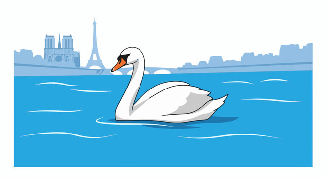 A white swan glides on a blue river with a silhouetted city skyline