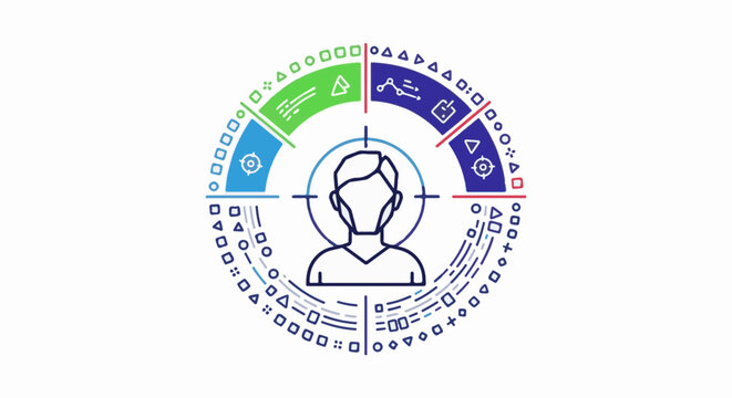 Abstract diagram representing a person within a target, surrounded by segmented data circles and geometric icons