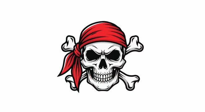 A skull wearing a red bandana, with crossed bones behind it