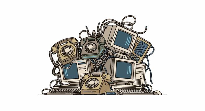 A pile of vintage telephones and computer monitors, tangled in wires