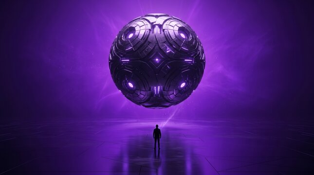 Small human stares at giant robot sphere glowing dark purple.