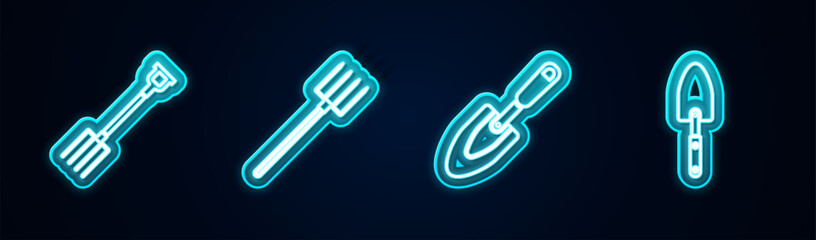 Set line Garden pitchfork, , trowel spade shovel and . Glowing neon icon. Vector © vector_v