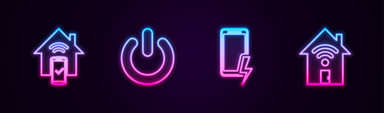 Set line Smart home remote control system, Power button, Mobile charging battery and with wi-fi. Glowing neon icon. Vector