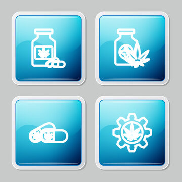Set line Medical bottle with marijuana, , pills and Test tube icon. Vector