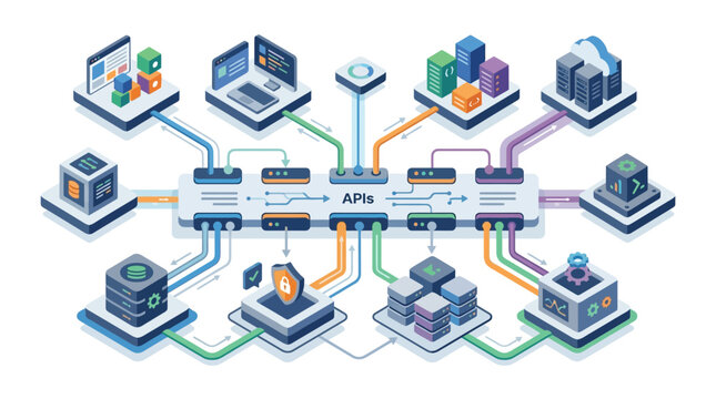 Clean geometric isometric diagram of a central API management system connecting diverse data sources, cloud computing servers, network security modules, and developer workstations.