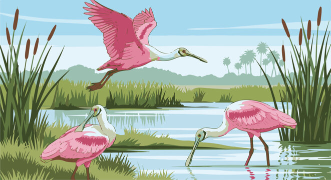 Three elegant pink birds are in a marshy wetland environment